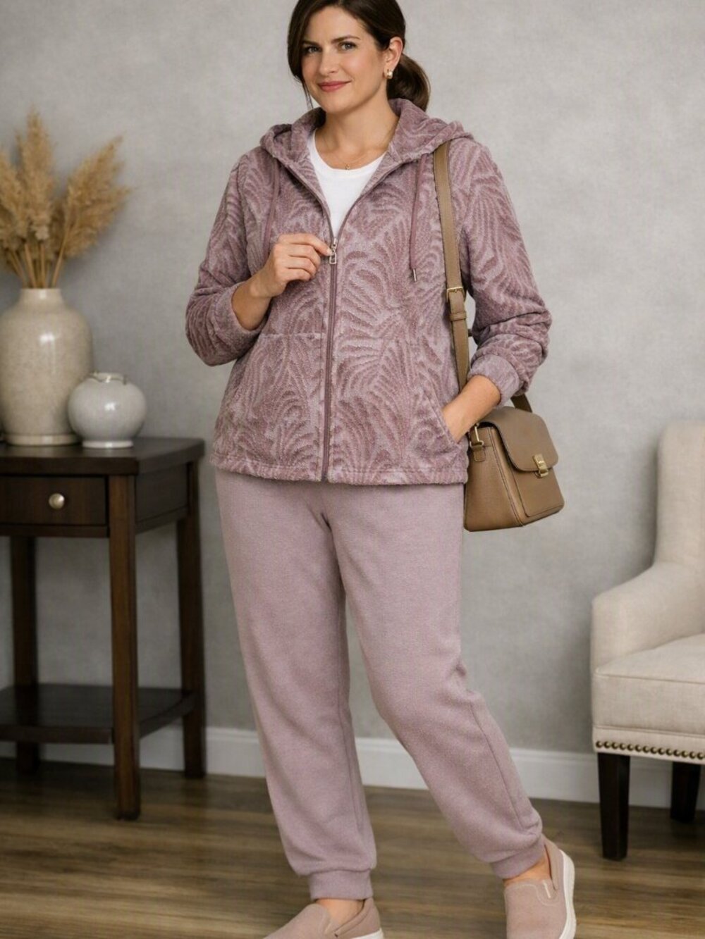 Stan Herman Taupe & Light Brown Soft Plush Full Zip Hoodie Size Small
